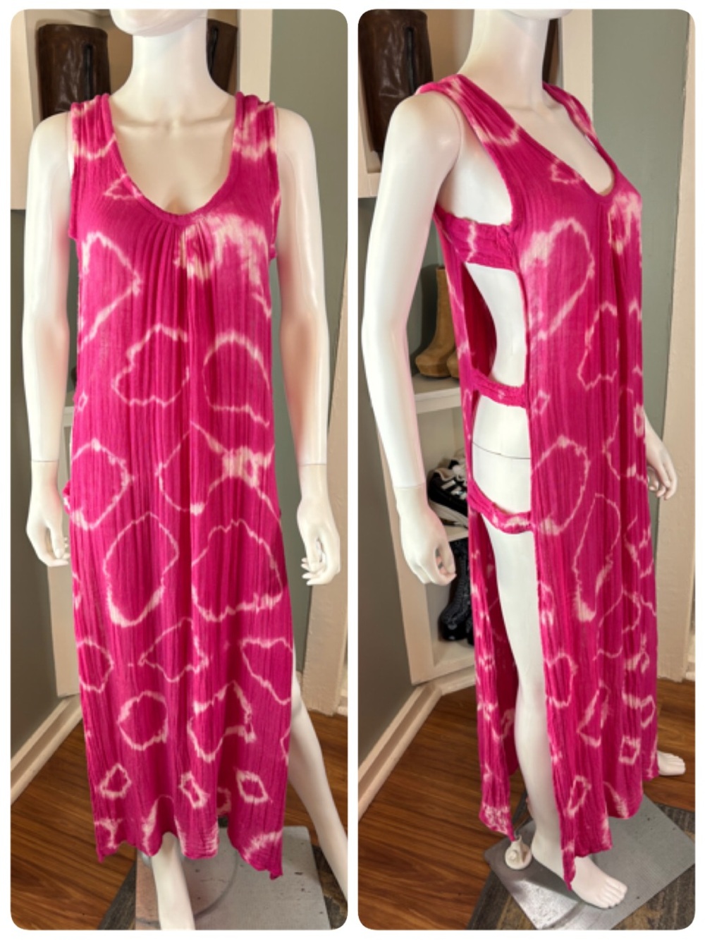Jen's Pirate Booty Pink Gauze Tie-Dye Side-Cut Out Maxi Dress Pool Coverup M/L